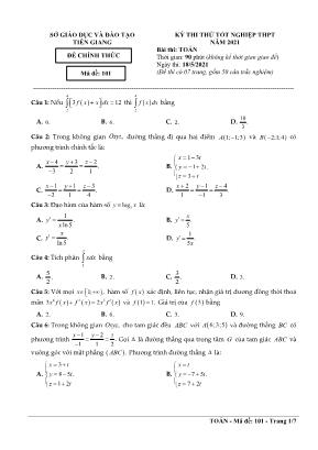 Đề thi thử Tốt nghiệp THPT môn Toán - Mã đề 101 - Năm học 2021 - Sở giáo dục và đào tạo Tiền Giang (Có đáp án)